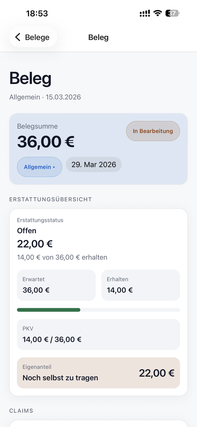 Beleg-Detailansicht mit Erstattungsstatus