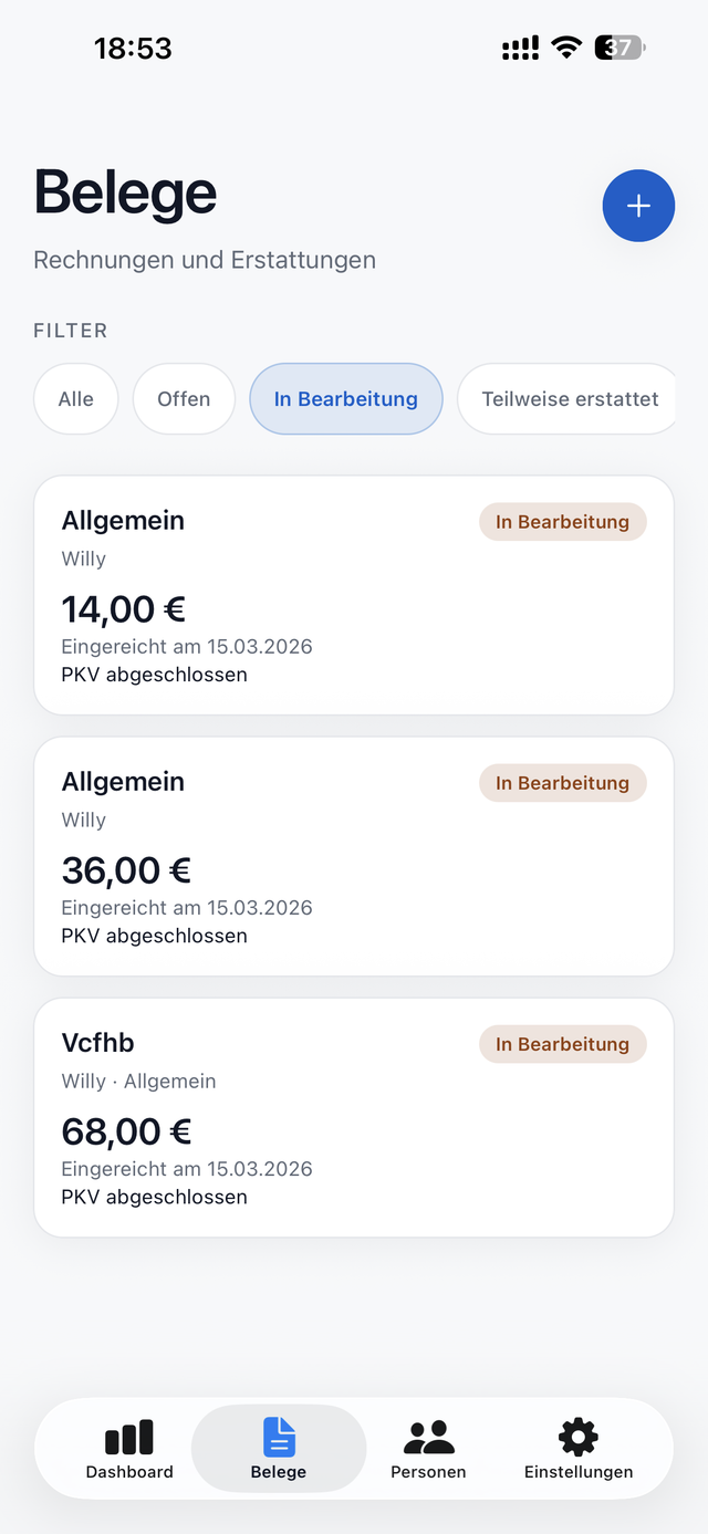 Belegliste mit Statusfiltern