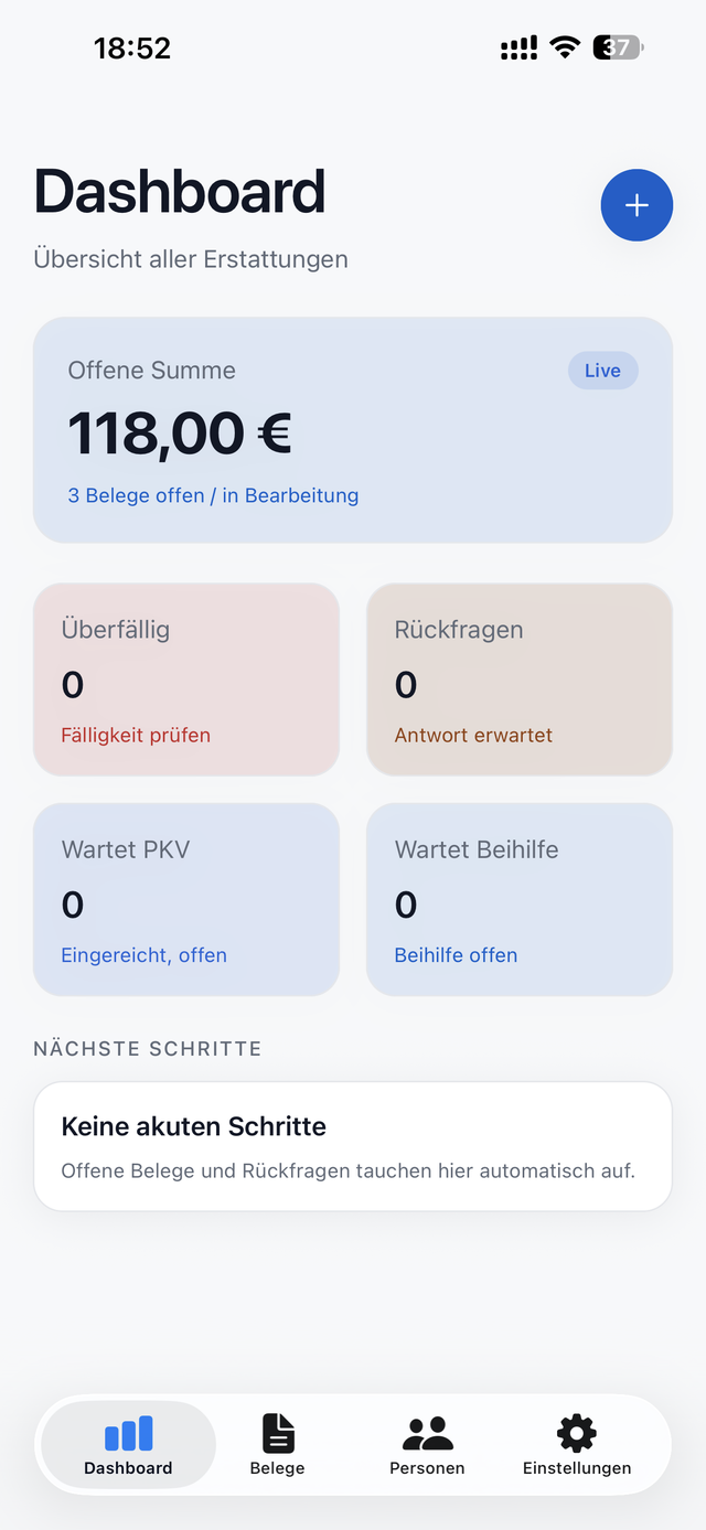 ErstattungsTracker Dashboard – Übersicht offener Erstattungen