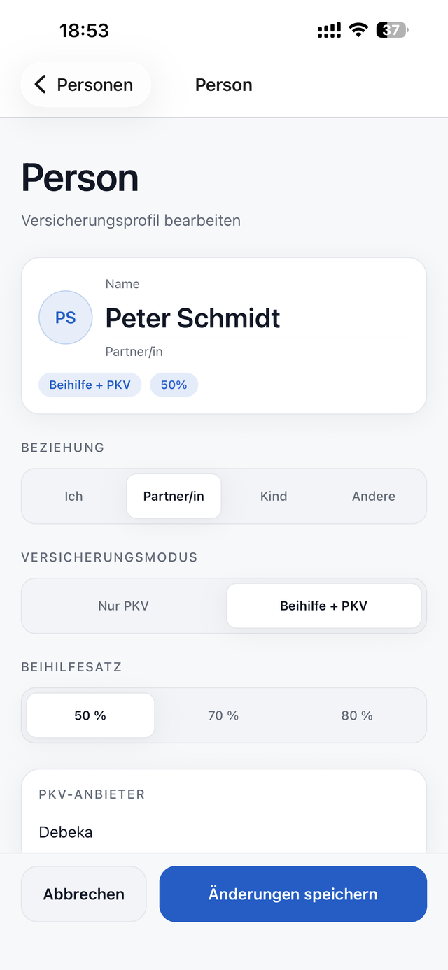 Personen-Formular für Familienmitglieder
