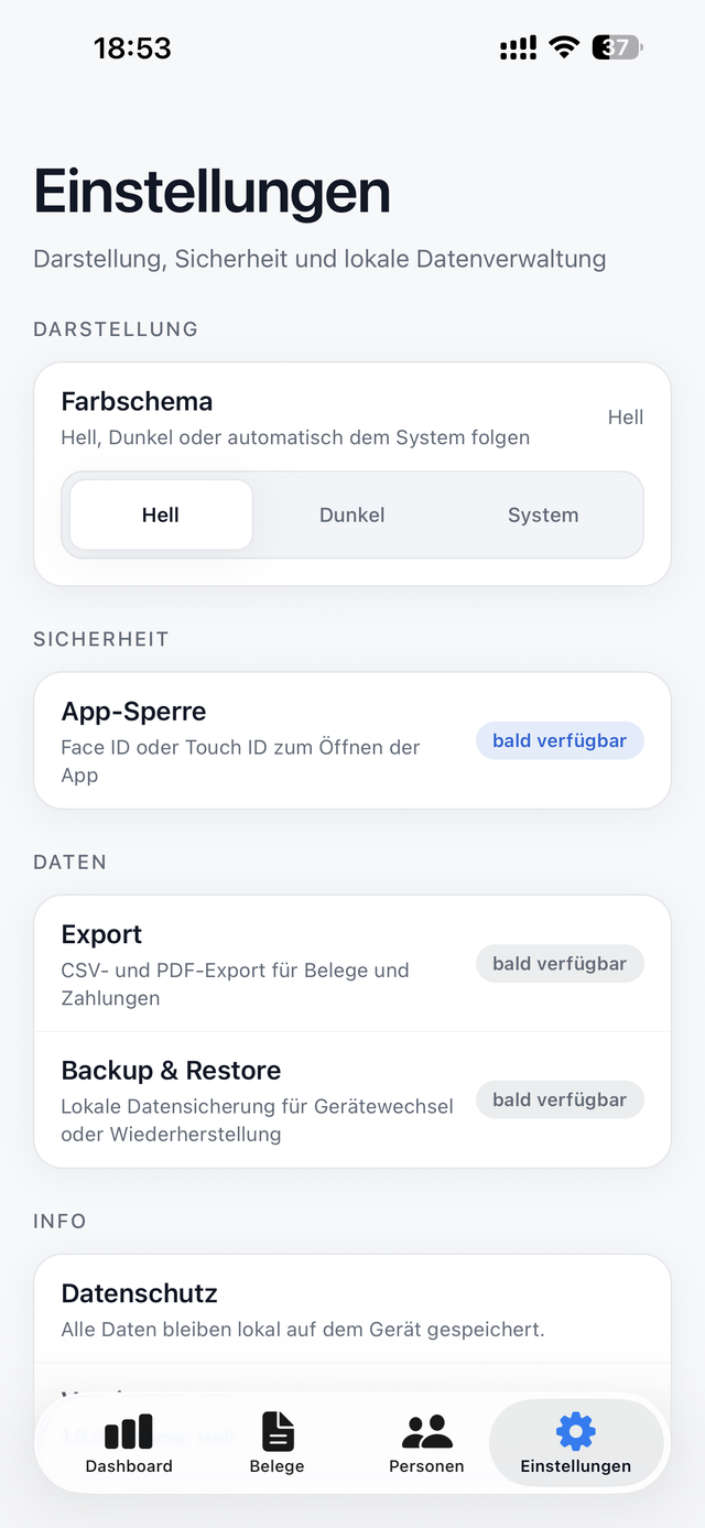 Einstellungen mit Sicherheits- und Exportoptionen